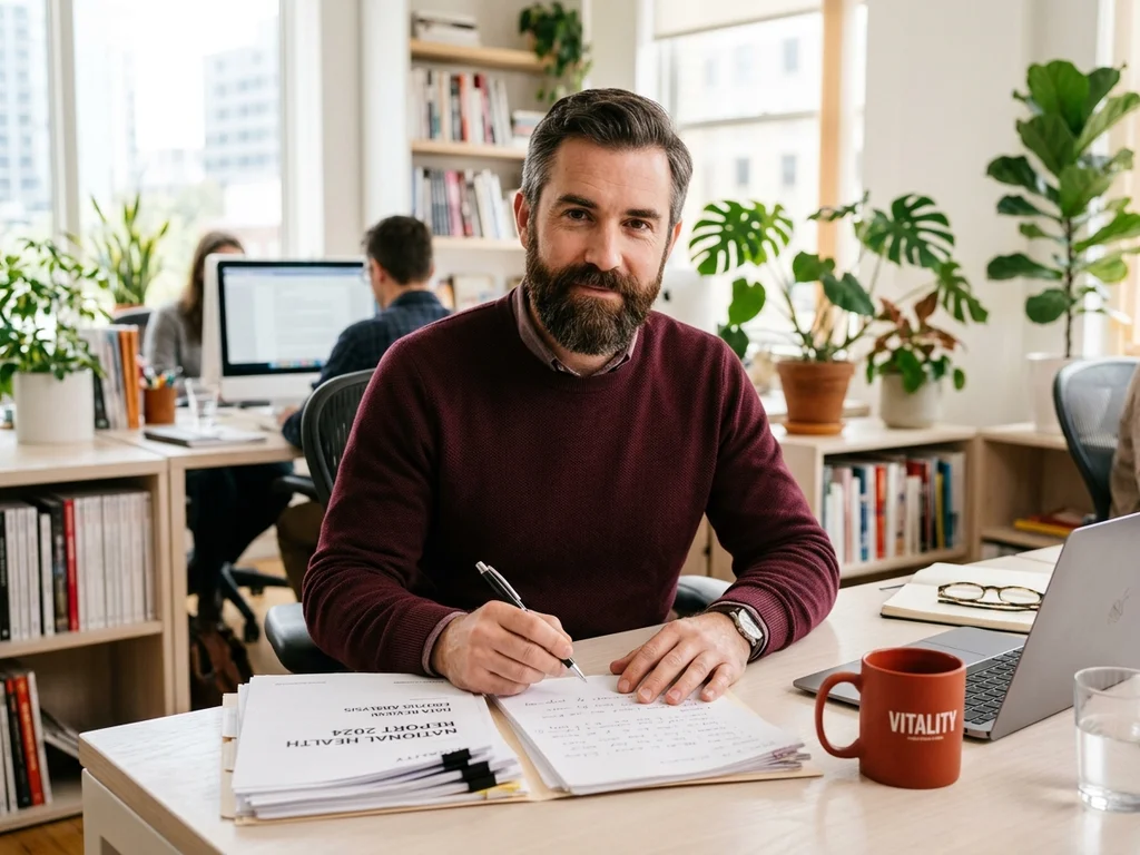Baptiste Allard, redactor de salud femenina, sentado en su escritorio revisando textos editoriales.