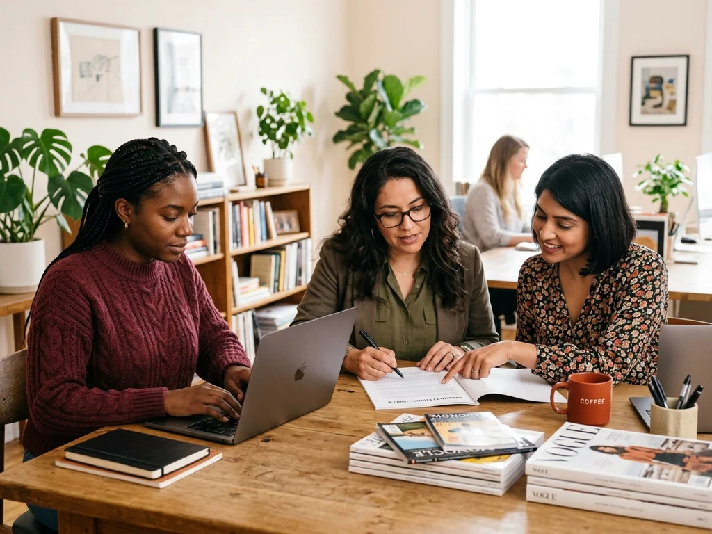 Equipo de redacción de Femme colaborando en un espacio de trabajo luminoso y creativo.
