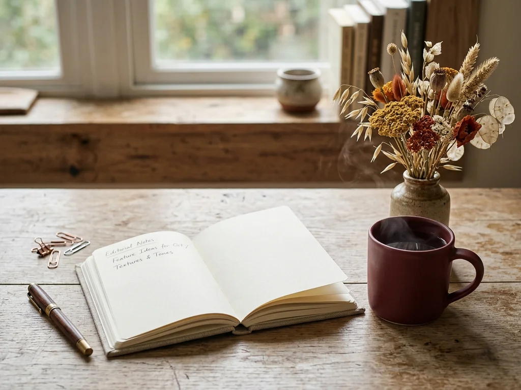 Escritorio editorial con cuaderno abierto, taza de té granate y flores secas sobre madera clara.