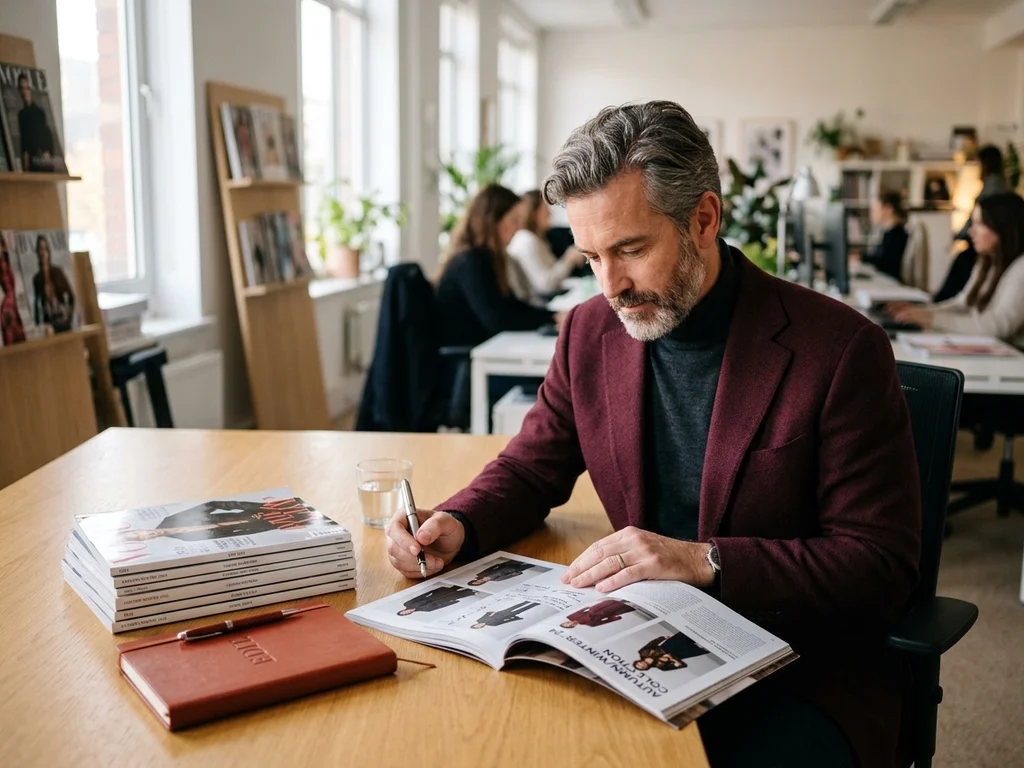 Louis Ferrand analiza editoriales de moda en un entorno profesional para la secci3n de estilo.