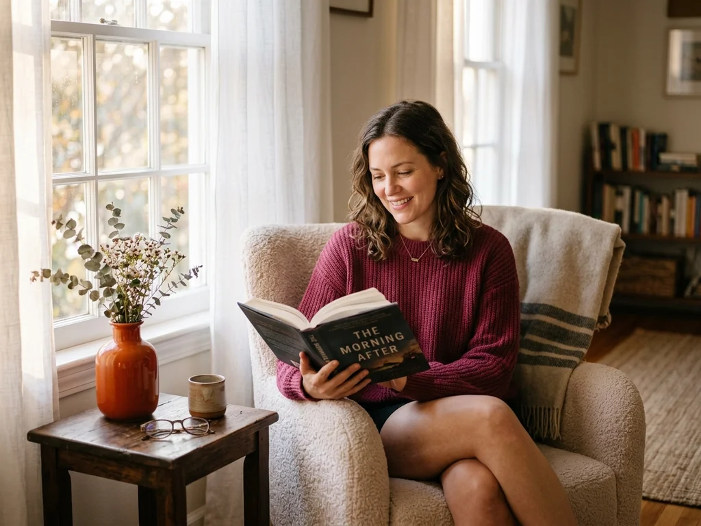 Mujer sonriente leyendo un libro relajada junto a una ventana con luz natural cálida.